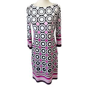London Times Mod Retro Pink Black White Geo Print Stretchy Long Sleeve Dress